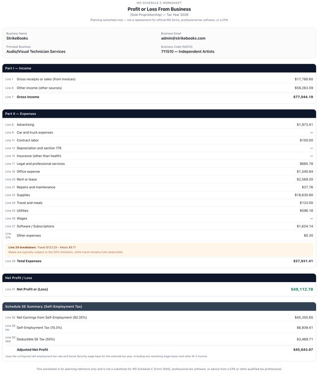 Schedule C worksheet generated from StrikeBooks job data